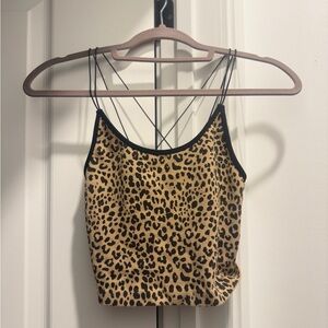 Leopard Print Ribbed Strappy Cami Top - Tan/Black